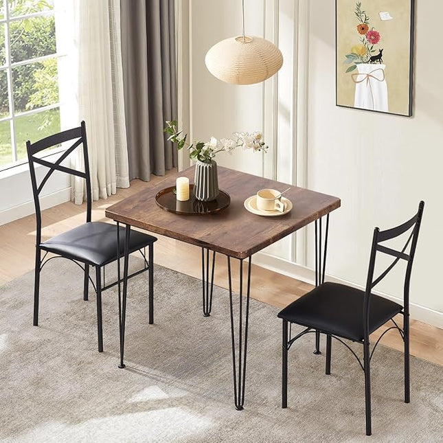 VECELO Kitchen Dining Room Table 2 Chairs for Small Space, Apartment,Metal Steel Frame, 3-Piece Set, Brown - LeafyLoom