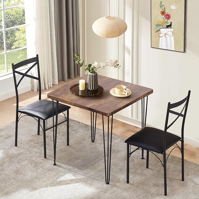 VECELO Kitchen Dining Room Table 2 Chairs for Small Space, Apartment,Metal Steel Frame, 3-Piece Set, Brown - LeafyLoom