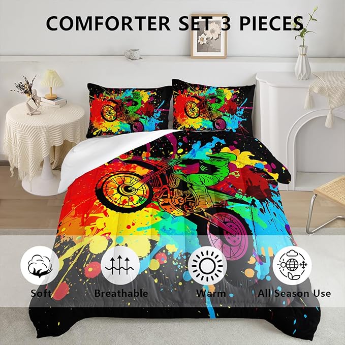 Axolotl Motocross Bedding Set Full,Dirt Bike Comforter Set,Extreme Sports Bedding,Motorcycle Racer Comforter Set Motocross Comforter Motor Vehicles Biker for Boys Kids Teens Men,1 Quilt 2 Pillowcases - LeafyLoom