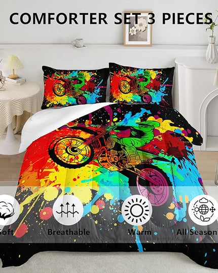 Axolotl Motocross Bedding Set Queen,Dirt Bike Comforter Set,Extreme Sports Bedding,Motorcycle Racer Comforter Set Motocross Comforter Motor Vehicles Biker For Boys Kids Teens Men,1 Quilt 2 Pillowcases - LeafyLoom