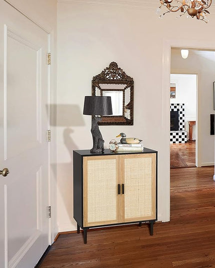 Finnhomy Sideboard Buffet Cabinet, Kitchen Storage Cabinet with Rattan Decorated Doors, Accent Liquor Cabinet for Bar, Dining Room, Hallway, Cupboard Console Table, 31.5X 15.8X 34.6 Inches - LeafyLoom