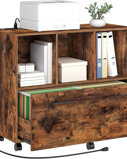 HOOBRO File Cabinet, Mobile Lateral Filing Cabinet with Charging Station, Wooden Printer Stand with Open Storage Shelf, for Home Office, Small Spaces, A4/Letter Size, Rustic Brown FG22UWJ01 - LeafyLoom