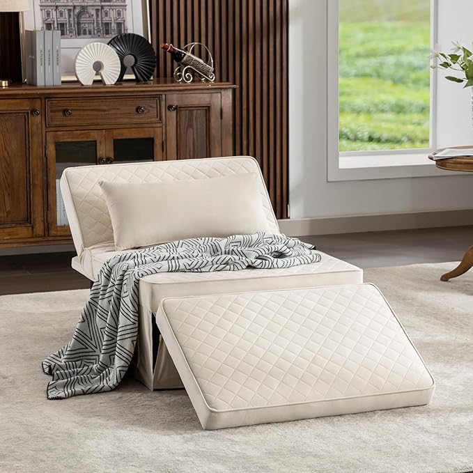 Sofa Bed, 4 in 1 Multi-Function Folding Ottoman Breathable Velvet Couch Bed with Adjustable Backrest Modern Convertible Chair for Living Room Apartment Office,Squared-White - LeafyLoom