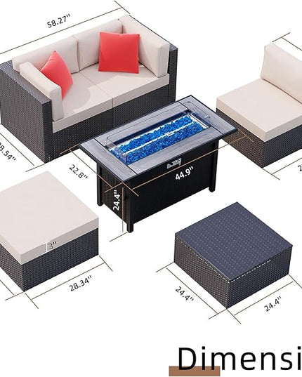Shintenchi 6 Pieces Patio Furniture Sets w/Fire Pit Table, Outdoor Conversation Set w/50,000 BTU Steel Gas Fire Pit, Beige Patio Rattan Sectional Sofa Set w/Brown Top Fire Pit - LeafyLoom