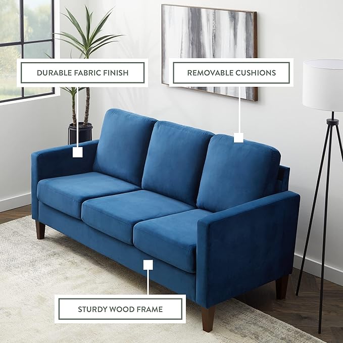 Edenbrook Archer Upholstered Couch – Couches for Living Room – Blue Velvet Couch - Living Room Furniture - Small Couch - Seats Three - Straight Arm Modern Couch - LeafyLoom
