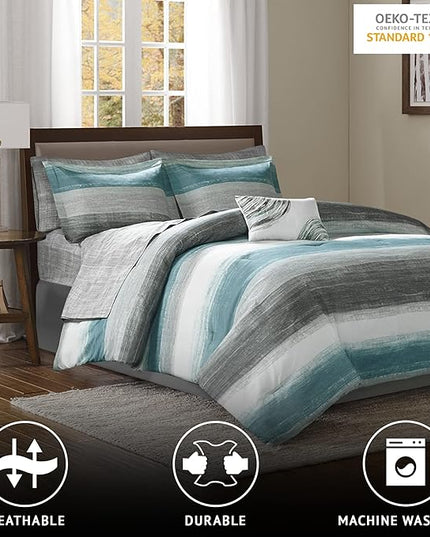 Madison Park Essentials Twin Comforter Set, Bed in a Bag Twin, Watercolor Print Coastal Comforter & Chambray Cotton Sheet Set, All Season Bedding Set, Saben, Aqua Twin (68 in x 86 in) 7 Piece - LeafyLoom