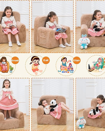 Snuggly-Soft Cuddly Toddler Plush Armchair for Boys and Girls Fuzzy Plush Kids Sofa Couch Reading Chair with Children Friendly Handle for Easy Movement & Double Pockets for Good Storage, Camel - LeafyLoom