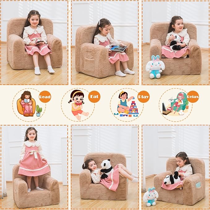 Snuggly-Soft Cuddly Toddler Plush Armchair for Boys and Girls Fuzzy Plush Kids Sofa Couch Reading Chair with Children Friendly Handle for Easy Movement & Double Pockets for Good Storage, Camel - LeafyLoom