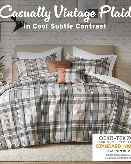 Intelligent Design Queen Comforter Set Plaid Classic Cabin Lodge Comforter Queen Size, Modern Casual, Lightweight All Season Bedding Set Queen, Sham, Décor Pillows, Blake, Full/Queen, Tan/Gray 5 Piece - LeafyLoom
