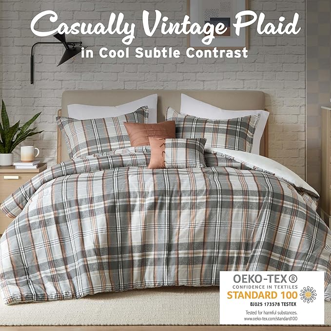 Intelligent Design Queen Comforter Set Plaid Classic Cabin Lodge Comforter Queen Size, Modern Casual, Lightweight All Season Bedding Set Queen, Sham, Décor Pillows, Blake, Full/Queen, Tan/Gray 5 Piece - LeafyLoom