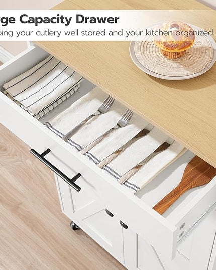 HOOBRO Kitchen Island with Power Outlet, Kitchen Storage Island with Large Worktop, Spice Rack and Drawer, Rolling Kitchen Cart on Wheels, for Kitchen and Dining Room, White and Natural WN88UZD01 - LeafyLoom