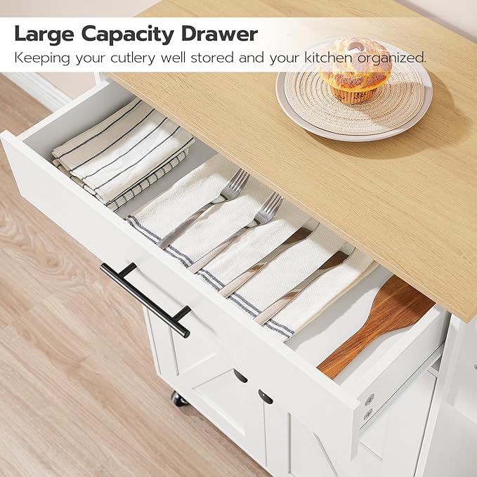 HOOBRO Kitchen Island with Power Outlet, Kitchen Storage Island with Large Worktop, Spice Rack and Drawer, Rolling Kitchen Cart on Wheels, for Kitchen and Dining Room, White and Natural WN88UZD01 - LeafyLoom