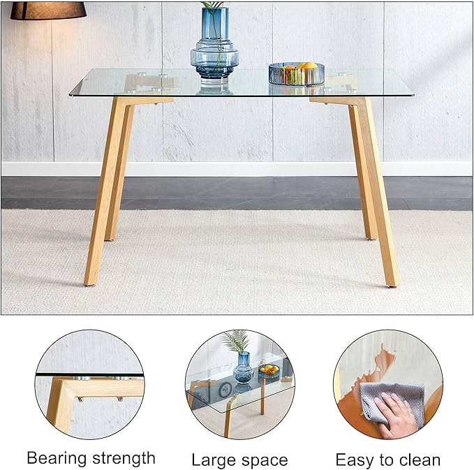 NicBex 51.18Inch Rectangular Dining Table,Modern Kitchen Table with Tempered Glass Tabletop and Wooden Coated Metal Legs for 4 to 6,Dining Room Table for Kitchen,Meeting Living Room,Transparent - LeafyLoom