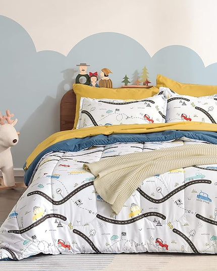 SLEEP ZONE Kids Bedding Full/Queen Comforter Set - Cute Printed for Boys, Girls, Teens, Super Soft, Fade Resistant, Car Road, Full/Queen - LeafyLoom