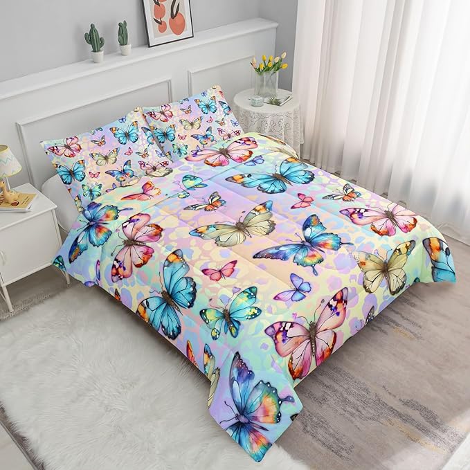 Datura home Kids Comforter Set Butterfly Printed Pattern Bedding Set with 1 Comforter and 2 Pillowcases for Girls Boys Bedroom All Season(Butterfly0 Twin) - LeafyLoom