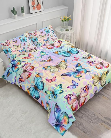 Datura home Kids Comforter Set Butterfly Printed Pattern Bedding Set with 1 Comforter and 2 Pillowcases for Girls Boys Bedroom All Season(Butterfly0 Full) - LeafyLoom