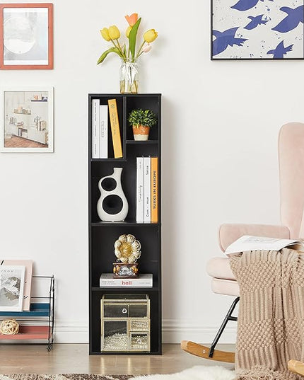 VECELO 4-Tier Bookcase, Modern Storage Cabinet with Height Difference Shelves for Standard Textbooks, 5 Cubes, Vertical or Horizontal, Easy Assembly,Vintage Black - LeafyLoom