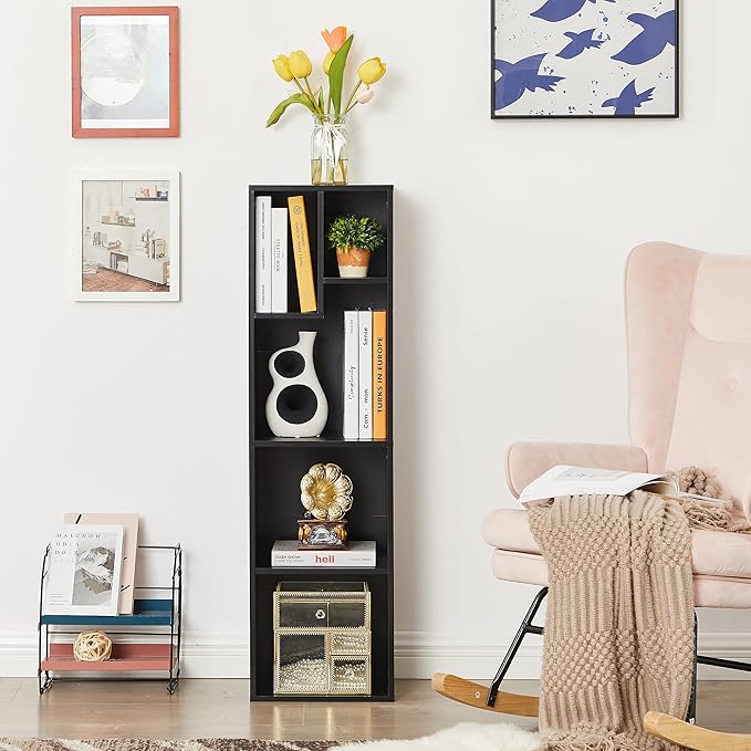 VECELO 4-Tier Bookcase, Modern Storage Cabinet with Height Difference Shelves for Standard Textbooks, 5 Cubes, Vertical or Horizontal, Easy Assembly,Vintage Black - LeafyLoom