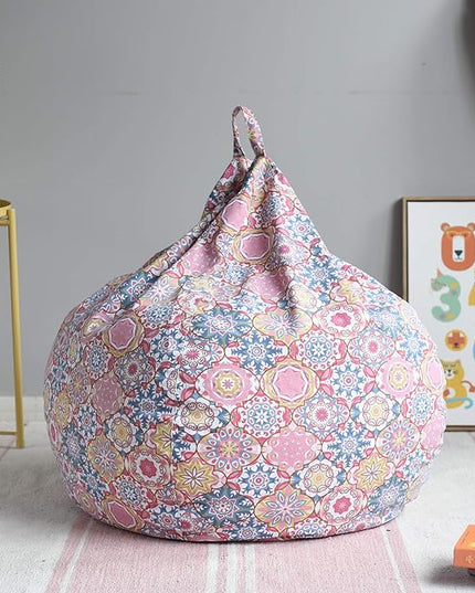 YuppieLife Kids Storage Bean Bag Cover（No Filling） Toy Organizer|Carrying Handle Sofa|Available for Kids and Teenager|Cuddle Chair|Machine Washable and Durable（38“,Pink flowers） - LeafyLoom