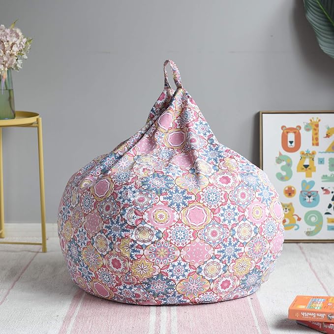 YuppieLife Kids Storage Bean Bag Cover（No Filling） Toy Organizer|Carrying Handle Sofa|Available for Kids and Teenager|Cuddle Chair|Machine Washable and Durable（38“,Pink flowers） - LeafyLoom