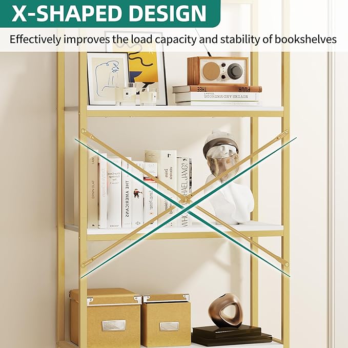 YITAHOME Gold Bookshelf and Bookcase, 71.3” Tall Modern Open Arched Book Shelf, 4-Tier Freestanding Storage Display Rack Shelves for Bedroom,Living Room,Office,Kitchen, White&Gold - LeafyLoom