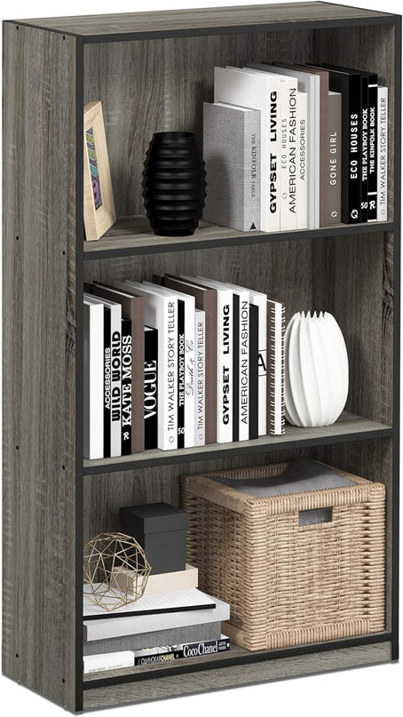 FURINNO Basic 3-Tier Bookcase Storage Shelves, French Oak Grey/Black - LeafyLoom