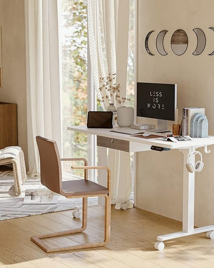 FEZIBO 63 x 24 Inches Standing Desk with Drawer, Adjustable Height Electric Stand up Desk with Storage, Sit Stand Home Office Desk, Ergonomic Computer Desk, White - LeafyLoom