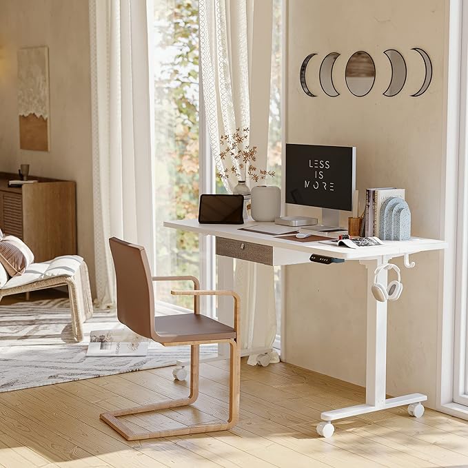 FEZIBO 63 x 24 Inches Standing Desk with Drawer, Adjustable Height Electric Stand up Desk with Storage, Sit Stand Home Office Desk, Ergonomic Computer Desk, White - LeafyLoom