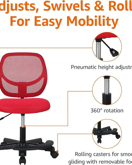 Amazon Basics Kids Adjustable Mesh Low-Back Swivel Study Desk Chair with Footrest, Red - LeafyLoom