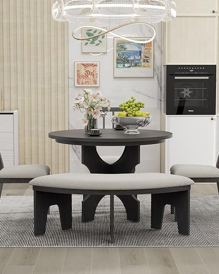 Retro 5 Piece Set with 44" Round Table with 1 Curved Bench & 3 Chairs, Rubber Wood, Easy Assembly and Clean, for Dining Room, Kitchen, Small Spcae, Grey 33 - LeafyLoom