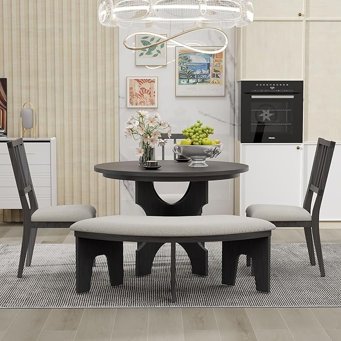 Retro 5 Piece Set with 44" Round Table with 1 Curved Bench & 3 Chairs, Rubber Wood, Easy Assembly and Clean, for Dining Room, Kitchen, Small Spcae, Grey 33 - LeafyLoom