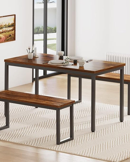soges Kitchen Table Set with 2 Benches, Bench Dining Table Set for 4, 3 Piece Dining Room Table and Long Benches, Breakfast Table Coffee Table Set, Industrial Style Wooden Kitchen and Dining Room Set - LeafyLoom