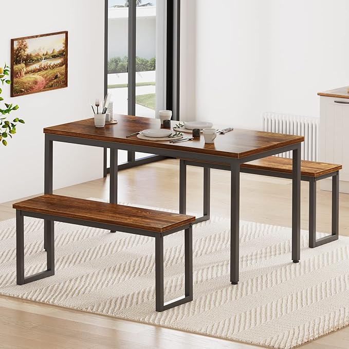 soges Kitchen Table Set with 2 Benches, Bench Dining Table Set for 4, 3 Piece Dining Room Table and Long Benches, Breakfast Table Coffee Table Set, Industrial Style Wooden Kitchen and Dining Room Set - LeafyLoom