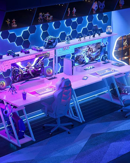 Pink Gaming Desk with Hutch and LED Lights, 55" Computer Desk with Storage Shelves, Reversible PC Gaming Desk with Pegboard, Gaming Table Gamer Desk for Bedroom, Carbon Fiber Pink - LeafyLoom