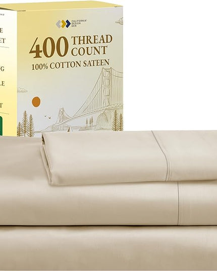 California Design Den Beige Twin XL Sheets Set, 400 Thread Count 100% Cotton Sateen - Soft, Breathable & Cooling Beige Sheet, 3-Pc Deep Pocket Bed Sheets - Beige - LeafyLoom