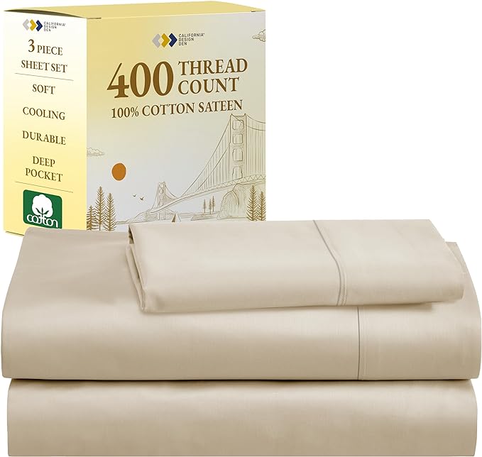 California Design Den Twin Sheets 100% Cotton, 400 Thread Count Sateen for Twin Size Bed - Soft, Breathable & Cooling Sheet Set, 3-Pc Deep Pocket Bed Sheets - Beige - LeafyLoom
