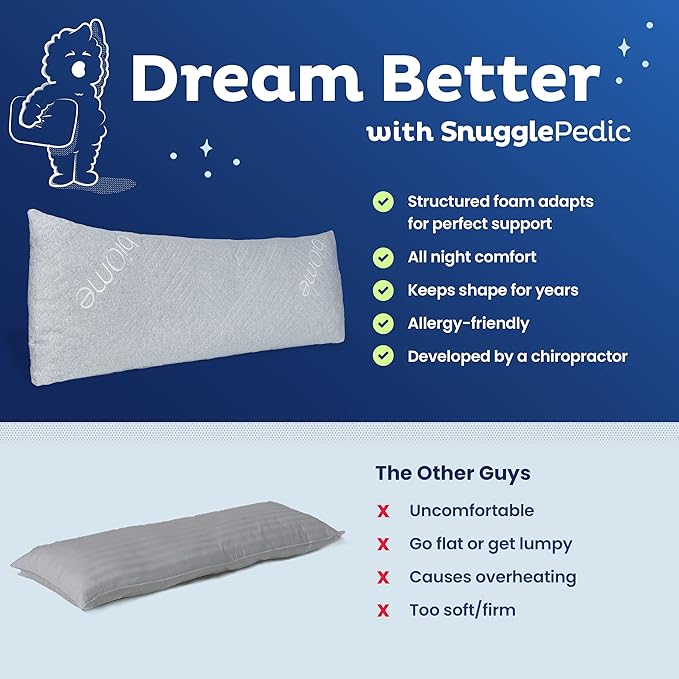 Snuggle-Pedic Long Body Pillow for Adults - Big 20x54 Pregnancy Pillows w/Shredded Memory Foam & Cooling Pillow Cover - Cuddle Firm Maternity Side Sleeper Pillow Insert to Hug for Bed - Grayy - LeafyLoom