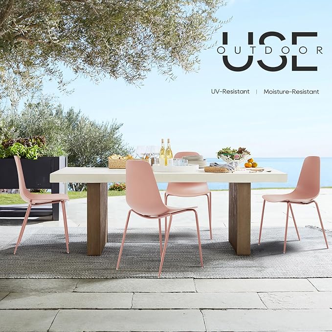 COLAMY Stackable Dining Chairs Set of 4, Indoor Outdoor Dining Room Side Chairs with Metal Legs, Modern Plastic Patio Chairs for Home/Kitchen/Office/Resturant/Bistro/Cafe, Pink - LeafyLoom