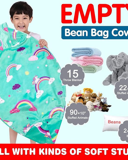 Lukeight Unicorns Stuffed Animal Storage Bean Bag Chair Cover for Kids, Unicorns Zipper Beanbag Chair Cover for Organizing Toddler & Kids' Rooms Plush Toys (Rainbow Green, X-Large) - LeafyLoom
