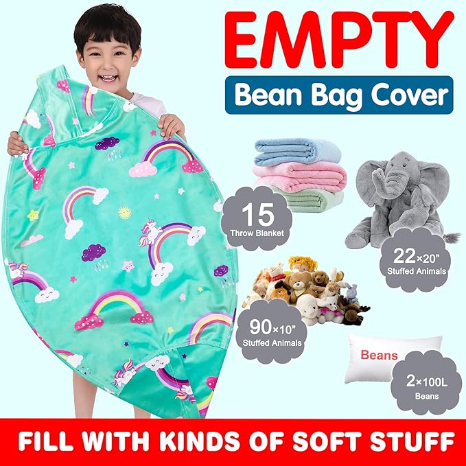 Lukeight Unicorns Stuffed Animal Storage Bean Bag Chair Cover for Kids, Unicorns Zipper Beanbag Chair Cover for Organizing Toddler & Kids' Rooms Plush Toys (Rainbow Green, X-Large) - LeafyLoom