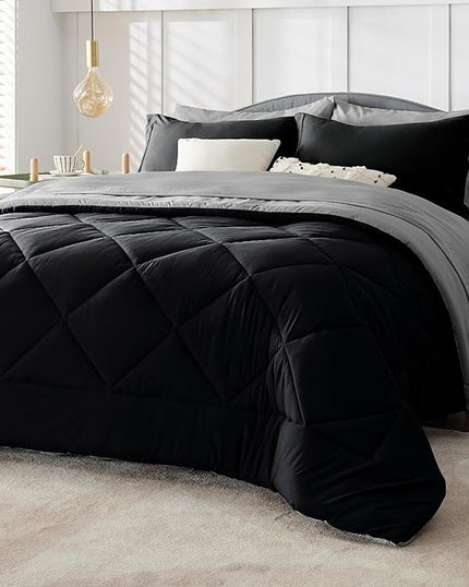 Bedsure Black Comforter Set Queen - 7 Pieces Reversible Black Bed in a Bag with Comforters, Sheets, Pillowcases & Shams, Queen Black Bed Set - LeafyLoom