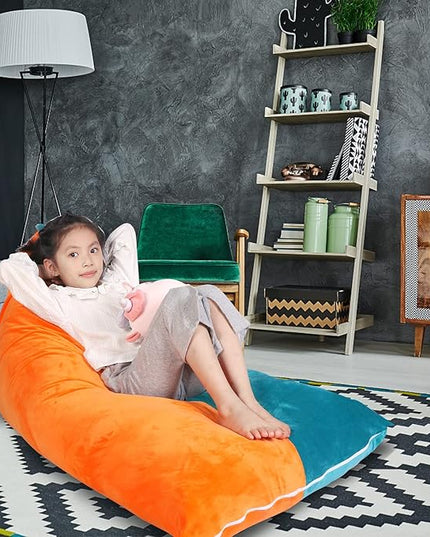 Stuffed Animal Storage Bean Bag Chair Cover, Velvet Turquoise Orange Plush Toy Storage Stuff and Sit Seat for Kids/Teens/Adults, 52" x 31" Extra Large Triangle Sofa, 200L/52Gal, Cover Only - LeafyLoom