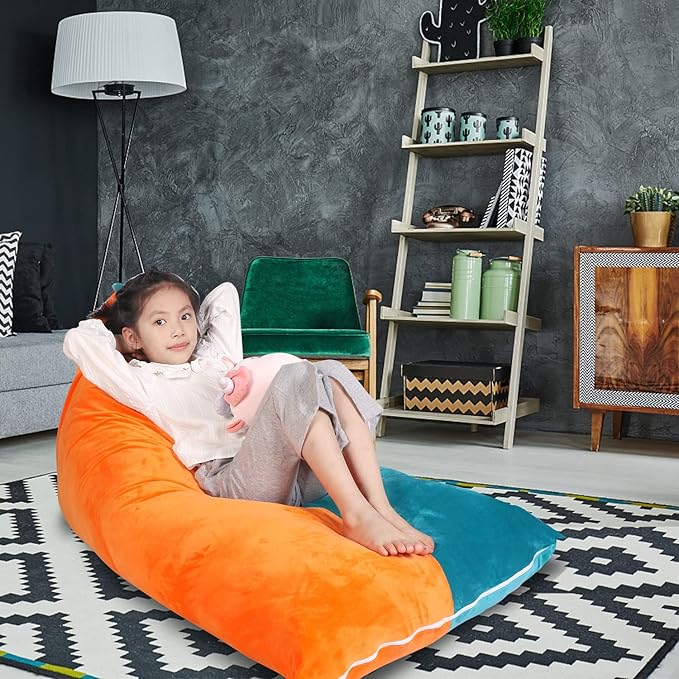 Stuffed Animal Storage Bean Bag Chair Cover, Velvet Turquoise Orange Plush Toy Storage Stuff and Sit Seat for Kids/Teens/Adults, 52" x 31" Extra Large Triangle Sofa, 200L/52Gal, Cover Only - LeafyLoom