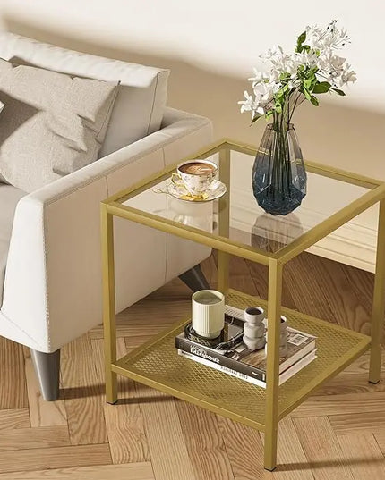 SAYGOER Glass Side Table Small Gold End Table for Small Spaces 2-Tier Square Night Stand with Storage Modern Bed Side Table with Gold Frame for Bedroom Living Room, Easy Assembly - LeafyLoom