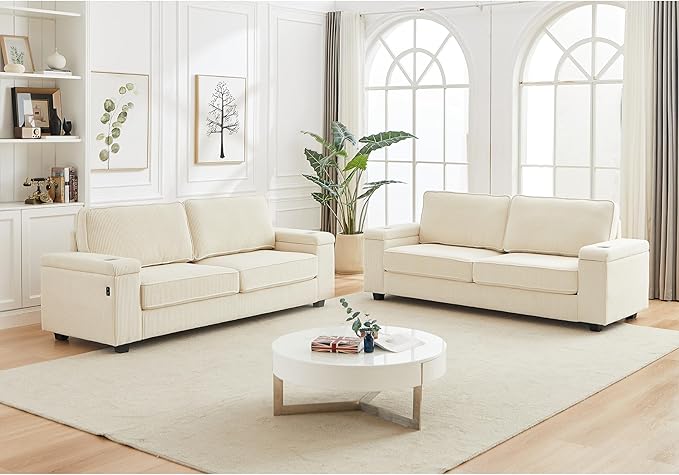 Modern Living Room Upholstered 3 Seater Sofa Couch Deep Seat Soft Corduroy Sofa&Couch with Storage Armrests, 2 Cupholders, Type-C and USB Charging Ports for Home, Apartment, Office - LeafyLoom