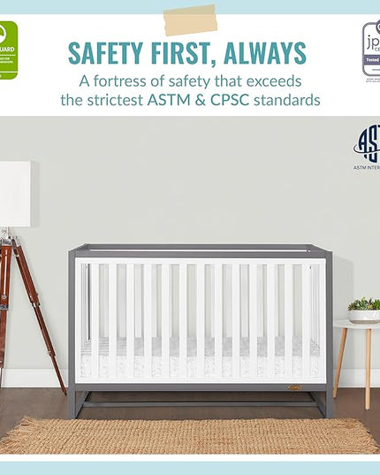 Arlo 5-in-1 Convertible Crib in Steel Grey and White, JPMA Certified, 3 Mattress Height Settings, Non-Toxic Finish, Made of Sustainable and Sturdy Pinewood - LeafyLoom
