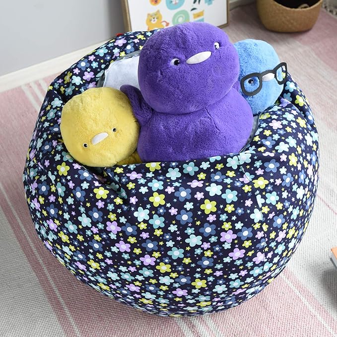 YuppieLife Kids Storage Bean Bag Cover（No Filling） Toy Organizer|Carrying Handle Sofa|Available for Kids and Teenager|Cuddle Chair|Machine Washable and Durable（38“,Blue Flowers） - LeafyLoom