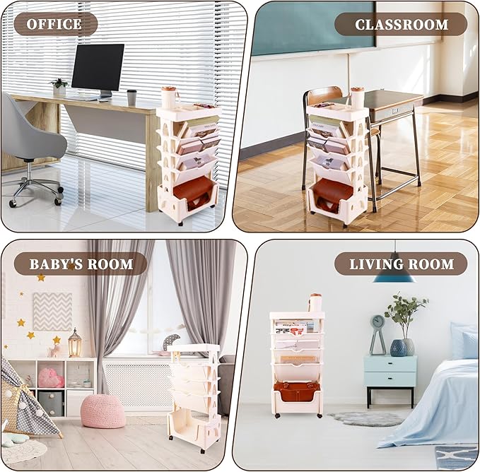 5 Tier Book Rack Storage Bookshelf, Removable Movable Unique Bookcase, Mobile Bookshelf with Wheels Utility Organizer Bookshelves for Kids Children Students Study in Bedroom Living Room School (Khaki) - LeafyLoom