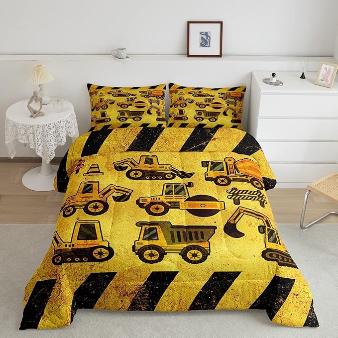 Tractor Bedding Set Full Size, Equipment Truck Comforter Set, Construction Excavator Down Comforter, Yellow Vehicle Super Soft Quilt Set For Kids Boys Teens, Construction Site Car Comforter Decor - LeafyLoom