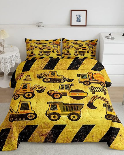Boys Excavator Bedding Set Queen Size Kids Construction Vehicles Comforter For Kids Children Cartoon Machinery Truck Comforter Set Construction Site Cars Tractor Duvet Set 3Pcs With 2 Pillow Cases - LeafyLoom